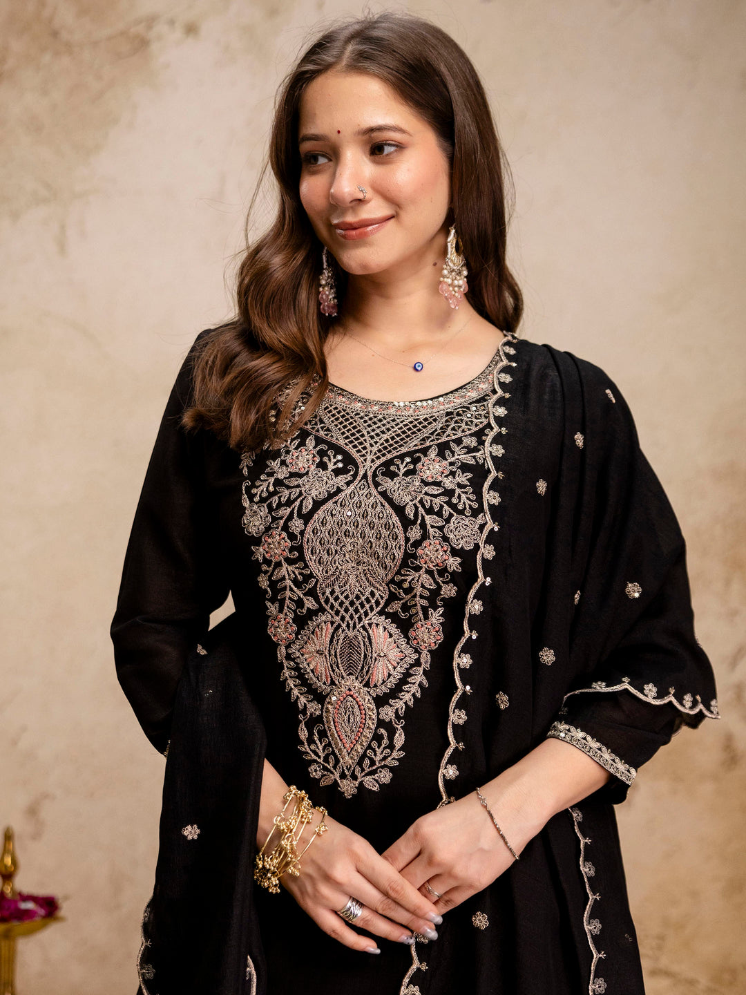 Black Embroidered Crepe Kurta Pant with Dupatta