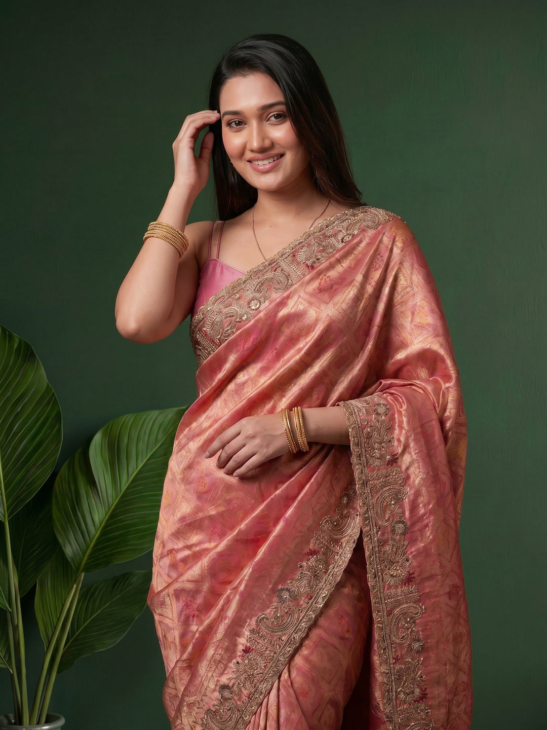 Pink Embroidered Art Silk Saree