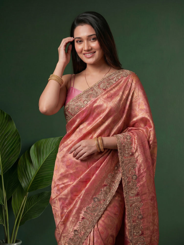Pink Embroidered Art Silk Saree