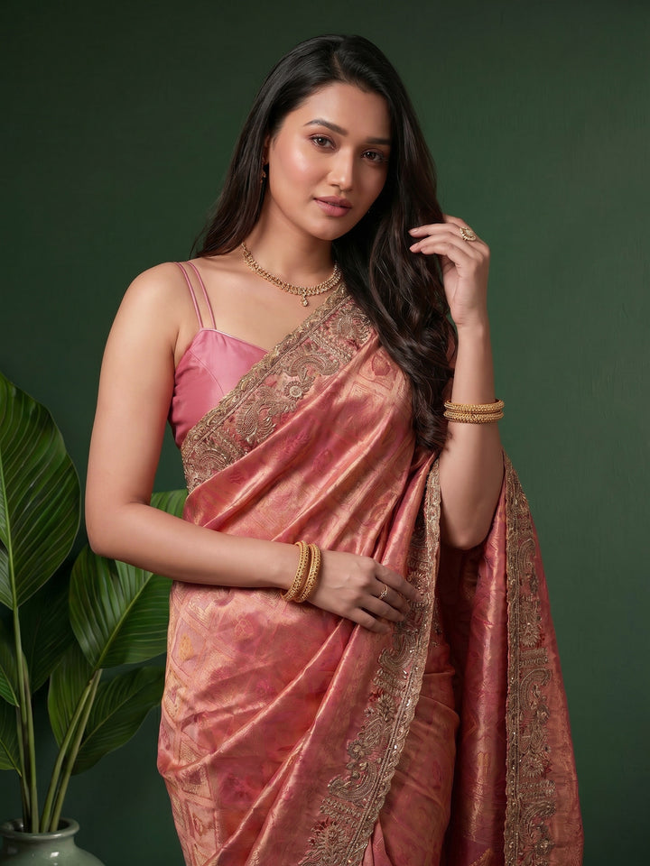 Pink Embroidered Art Silk Saree
