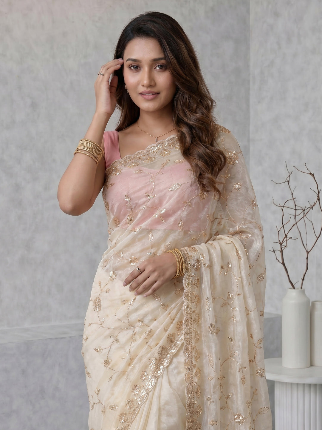 Off White Embroidered Organza Saree