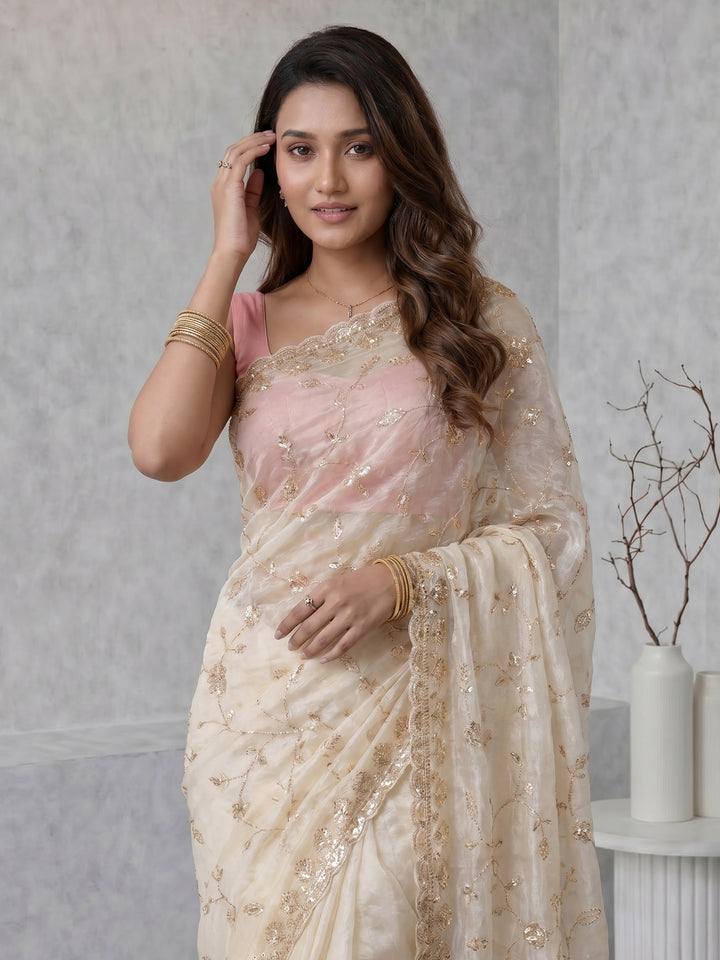 Off White Embroidered Organza Saree