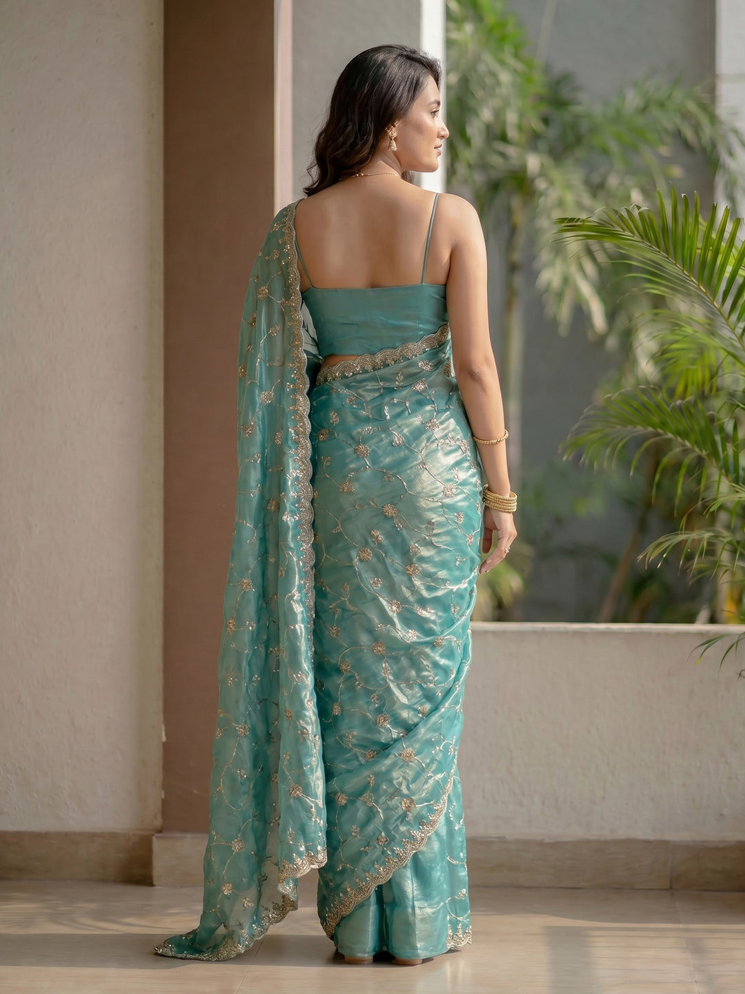 Sea Green Embroidered Tissue Saree