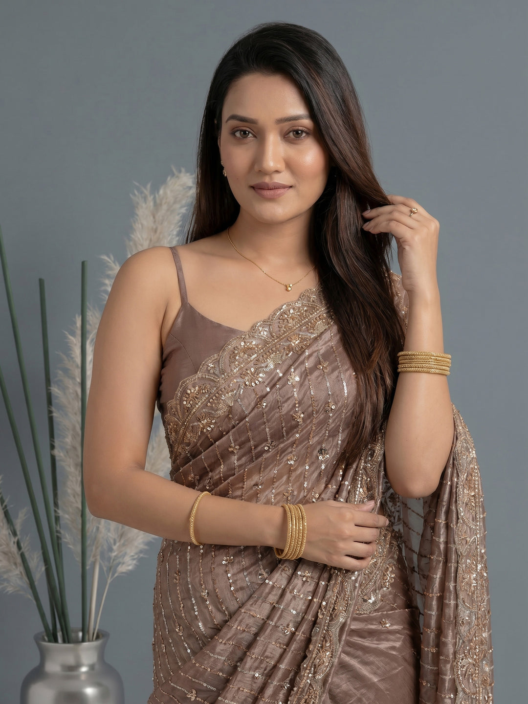 Onion Pink Embroidered Tissue Saree