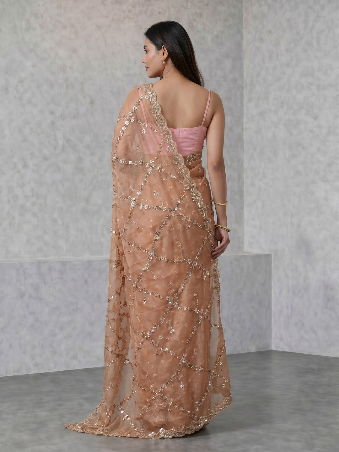 Dusty Pink Embroidered Tissue Saree