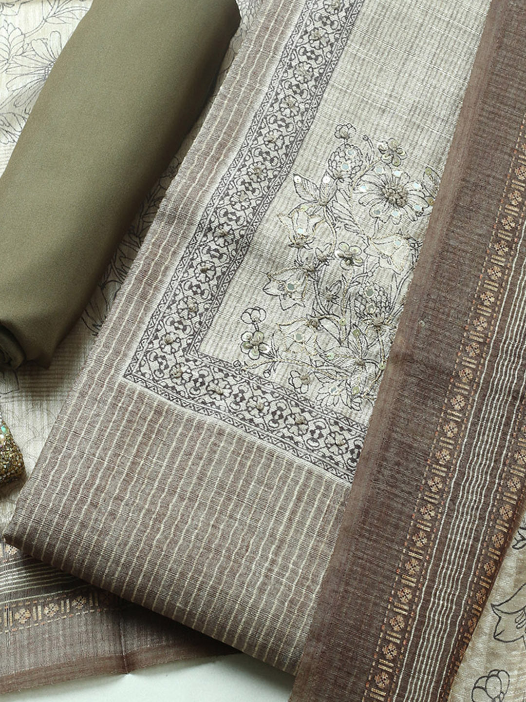 Embroidered Chanderi Unstitched Suit With Pant &amp; Dupatta