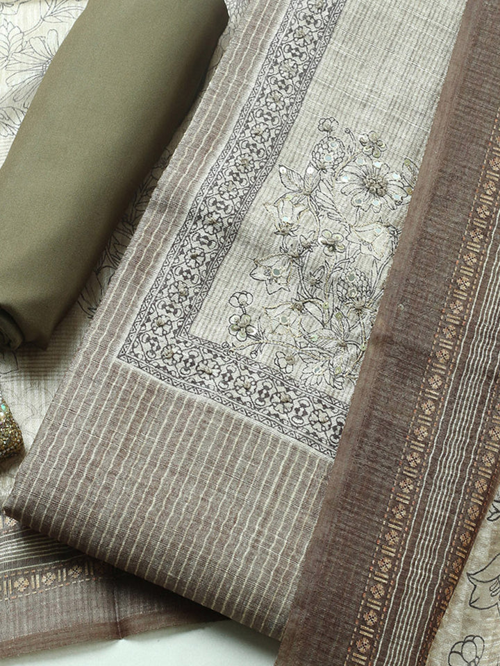 Embroidered Chanderi Unstitched Suit With Pant &amp; Dupatta