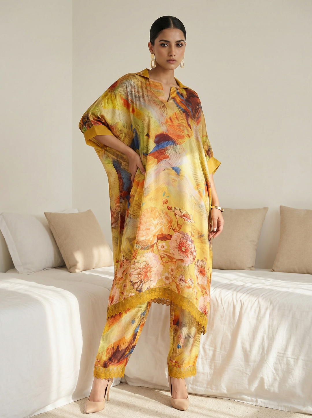 Yellow Satin Printed Collar Neck Kurta Set