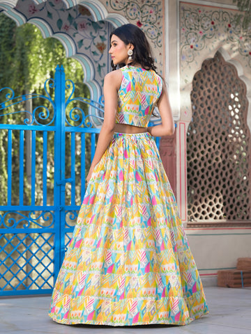 Floral Printed Georgette Choli With Skirt & Cape