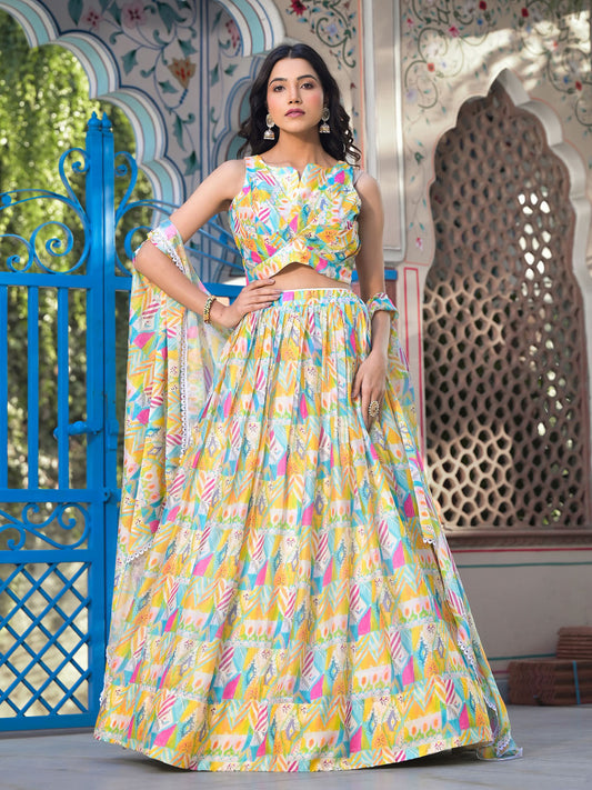 Floral Printed Georgette Choli With Skirt & Cape