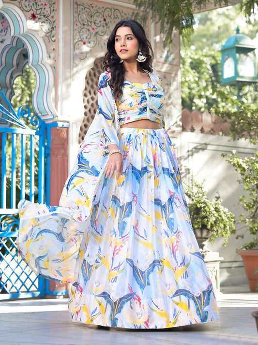 Floral Printed Georgette Choli With Skirt & Jacket