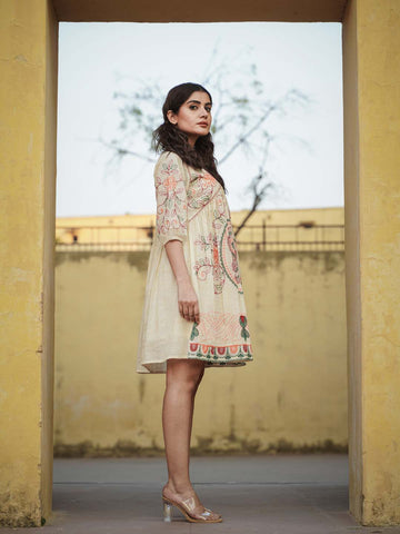Printed & Neck Embroidered Cotton Dress