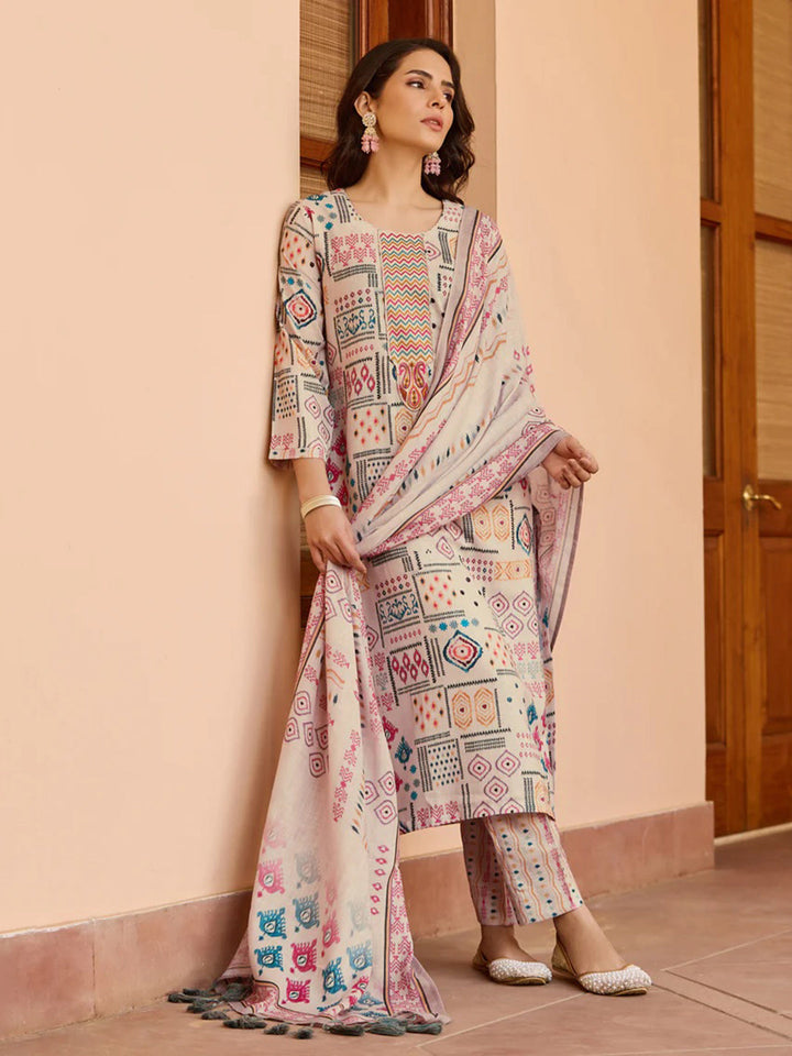 Printed Cotton Blend Kurta With Pants &amp; Dupatta