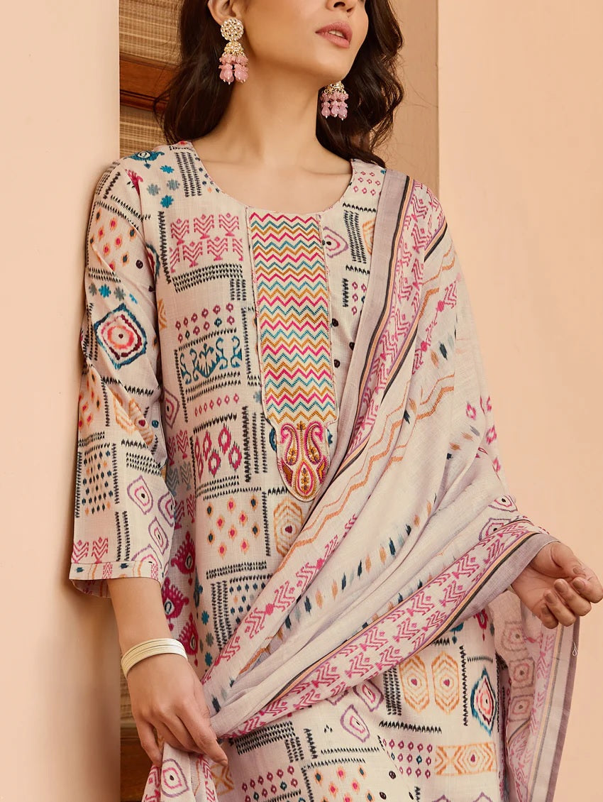 Printed Cotton Blend Kurta With Pants &amp; Dupatta