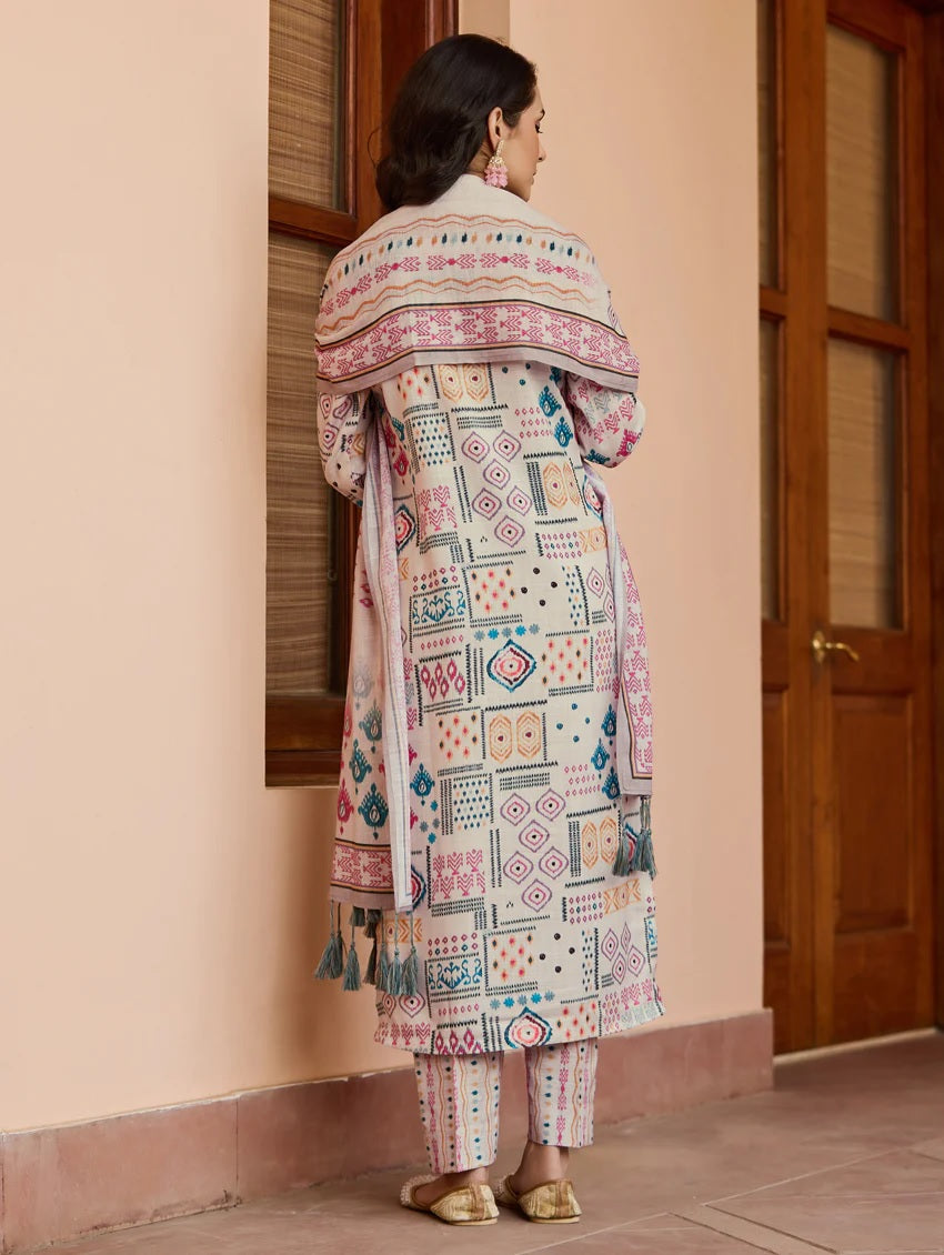 Printed Cotton Blend Kurta With Pants &amp; Dupatta