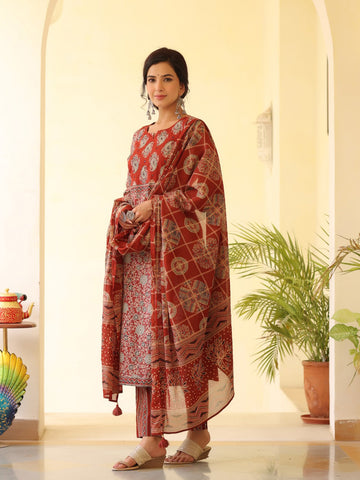 Printed Cotton Kurta With Pants & Dupatta