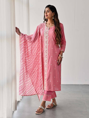 Embroidered Cotton Kurta With Pants & Dupatta