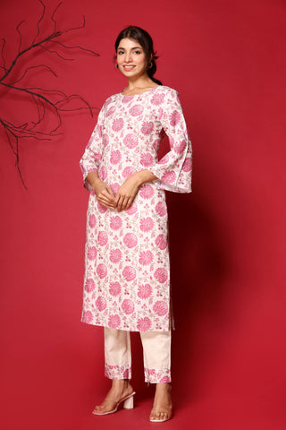 Floral Printed Pink Straight Cotton Kurta With Pants