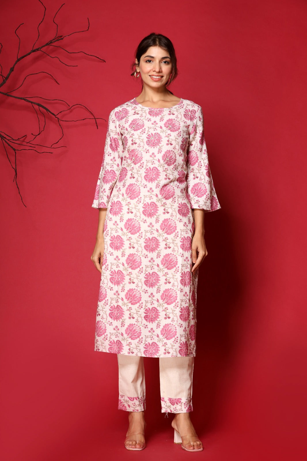 Floral Printed Pink Straight Cotton Kurta With Pants
