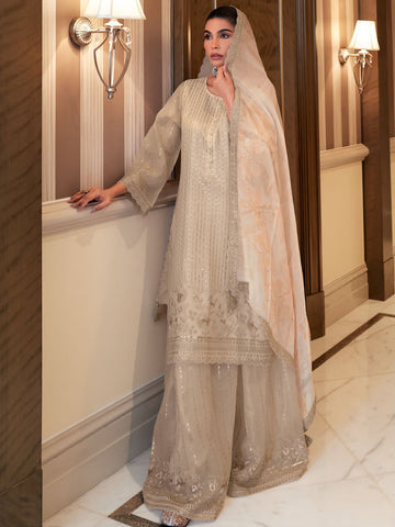 Sequin Embroidered Net Unstitched Suit Piece With Dupatta