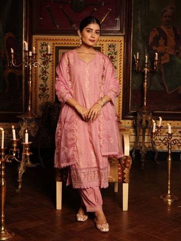 Resham Jaal Cotton Kurta With Pants & Dupatta