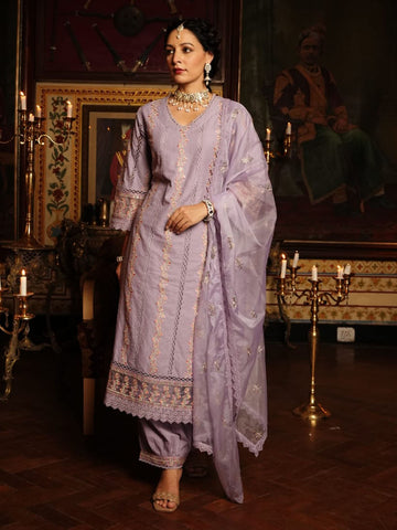 Resham Jaal Cotton Kurta With Pants & Dupatta