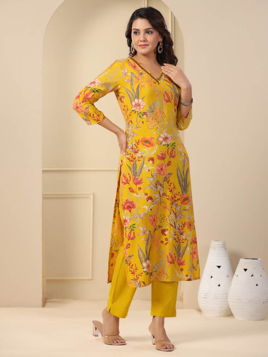 Floral Printed Cotton Kurta With Pants