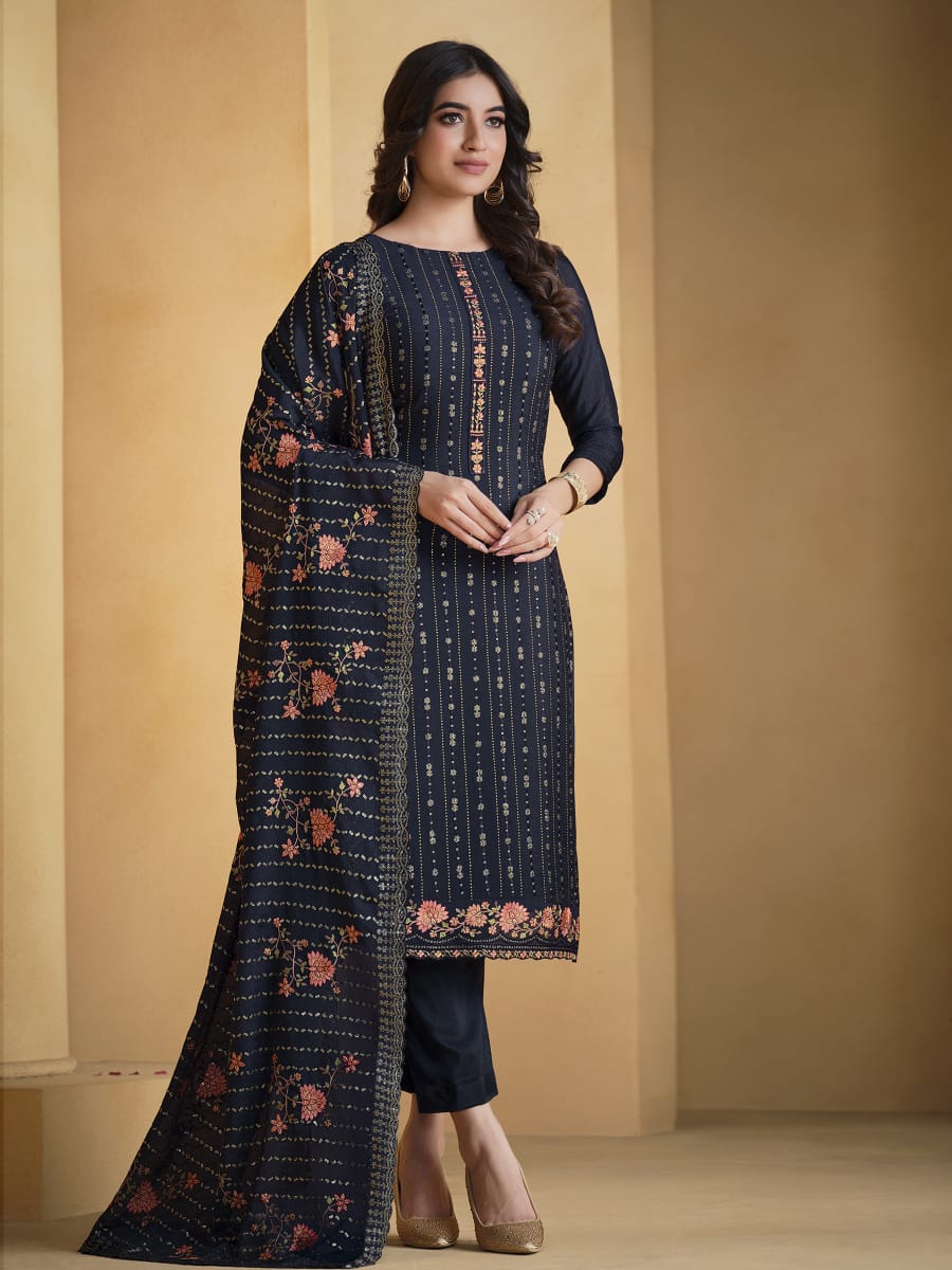 Embroidered Georgette Unstitched Suit With Dupatta - meena bazaar