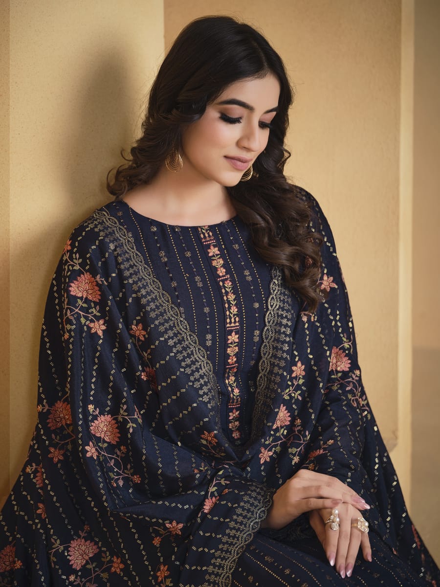 Embroidered Georgette Unstitched Suit With Dupatta - meena bazaar