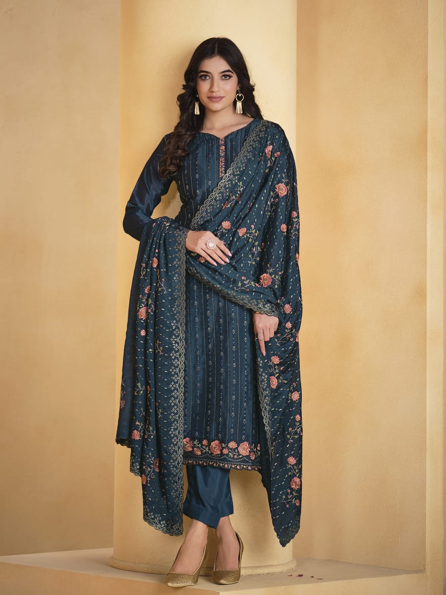 Embroidered Georgette Unstitched Suit With Dupatta - meena bazaar