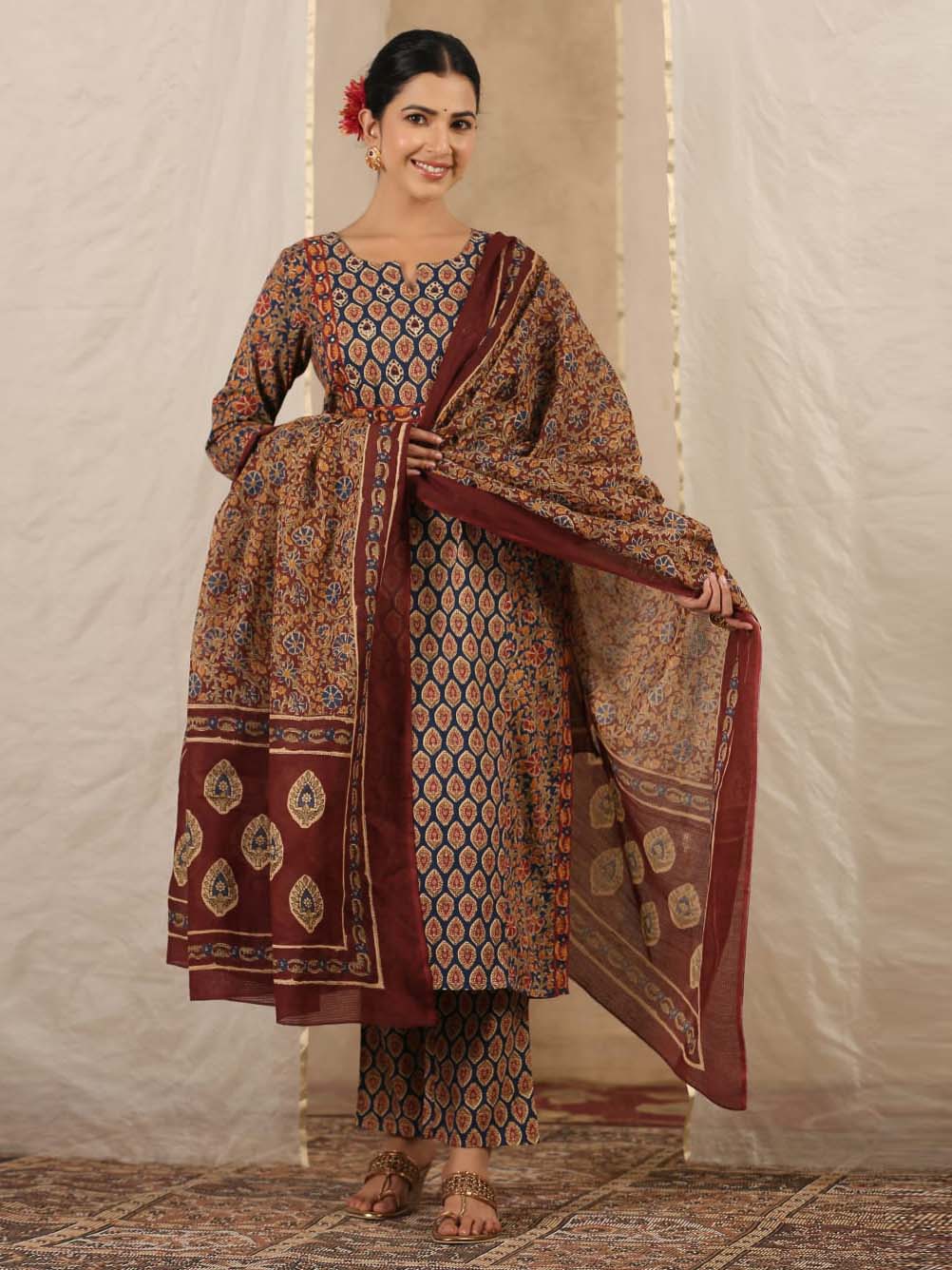Floral Print Cotton Kurta With Pants & Dupatta