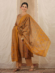 Floral Print Cotton Kurta With Pants & Dupatta