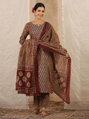 Floral Print Cotton Kurta With Pants & Dupatta