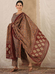 Floral Print Cotton Kurta With Pants & Dupatta