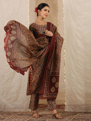 Floral Print Cotton Kurta With Pants & Dupatta