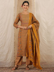 Floral Print Cotton Kurta With Pants & Dupatta