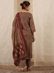 Floral Print Cotton Kurta With Pants & Dupatta