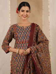 Floral Print Cotton Kurta With Pants & Dupatta