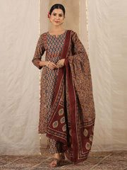 Floral Print Cotton Kurta With Pants & Dupatta