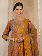 Floral Print Cotton Kurta With Pants & Dupatta