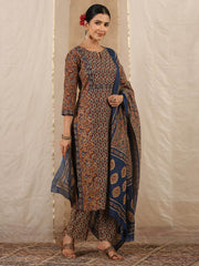Floral Print Cotton Kurta With Pants & Dupatta