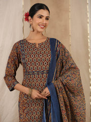 Floral Print Cotton Kurta With Pants & Dupatta