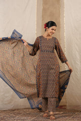 Floral Print Cotton Kurta With Pants & Dupatta
