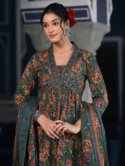 Floral Printed Anarkali Kurta With Pants & Dupatta