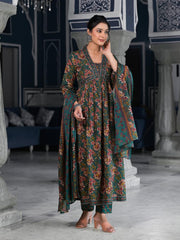 Floral Printed Anarkali Kurta With Pants & Dupatta