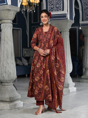 Floral Printed Anarkali Kurta With Pants & Dupatta