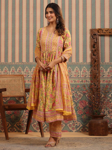 Floral Block Printed Anarkali Kurta With Pants & Dupatta