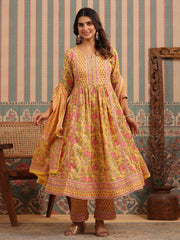 Floral Block Printed Anarkali Kurta With Pants & Dupatta