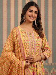 Floral Block Printed Anarkali Kurta With Pants & Dupatta