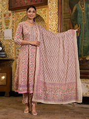 Floral Block Printed Cotton Kurta With Pants & Dupatta